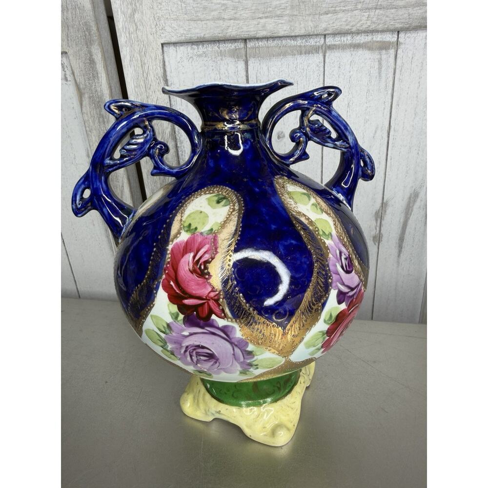 Antique Nippon Hand Paint Cobalt Blue Gold Rose Porcelain Handled Vase Urn